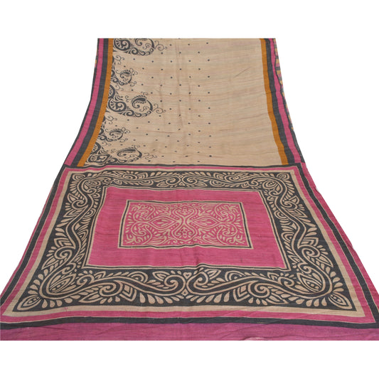 Sanskriti Vintage Cream Indian Sari Pure Handloom Silk Printed Sarees Sustainable Fabric