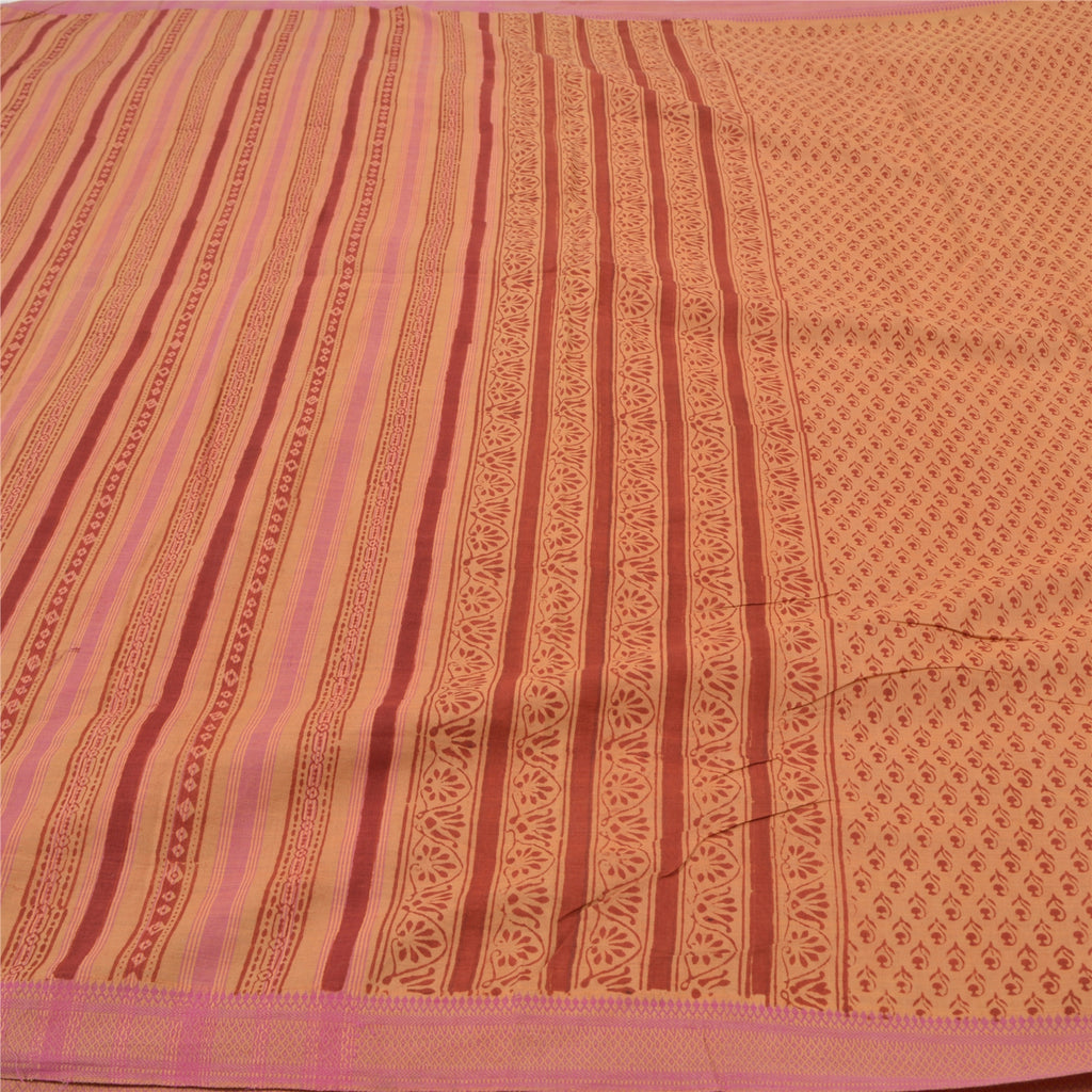 Sanskriti Vintage Saree 100% Pure Cotton Brown Heavy Sarees Fabric Hand Block Print Kalamkari Boho Quilting Material For DIY Projects