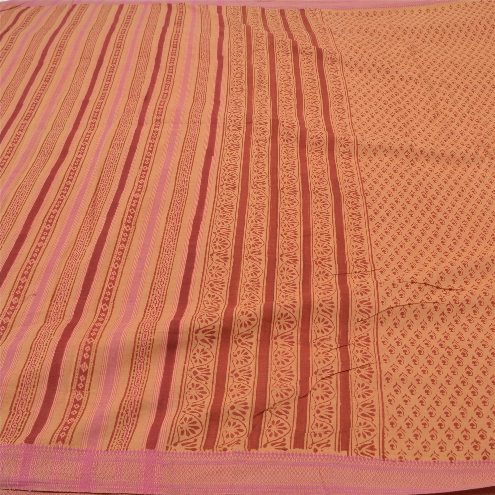 Sanskriti Vintage Saree 100% Pure Cotton Brown Heavy Sarees Fabric Hand Block Print Kalamkari Boho Quilting Material For DIY Projects