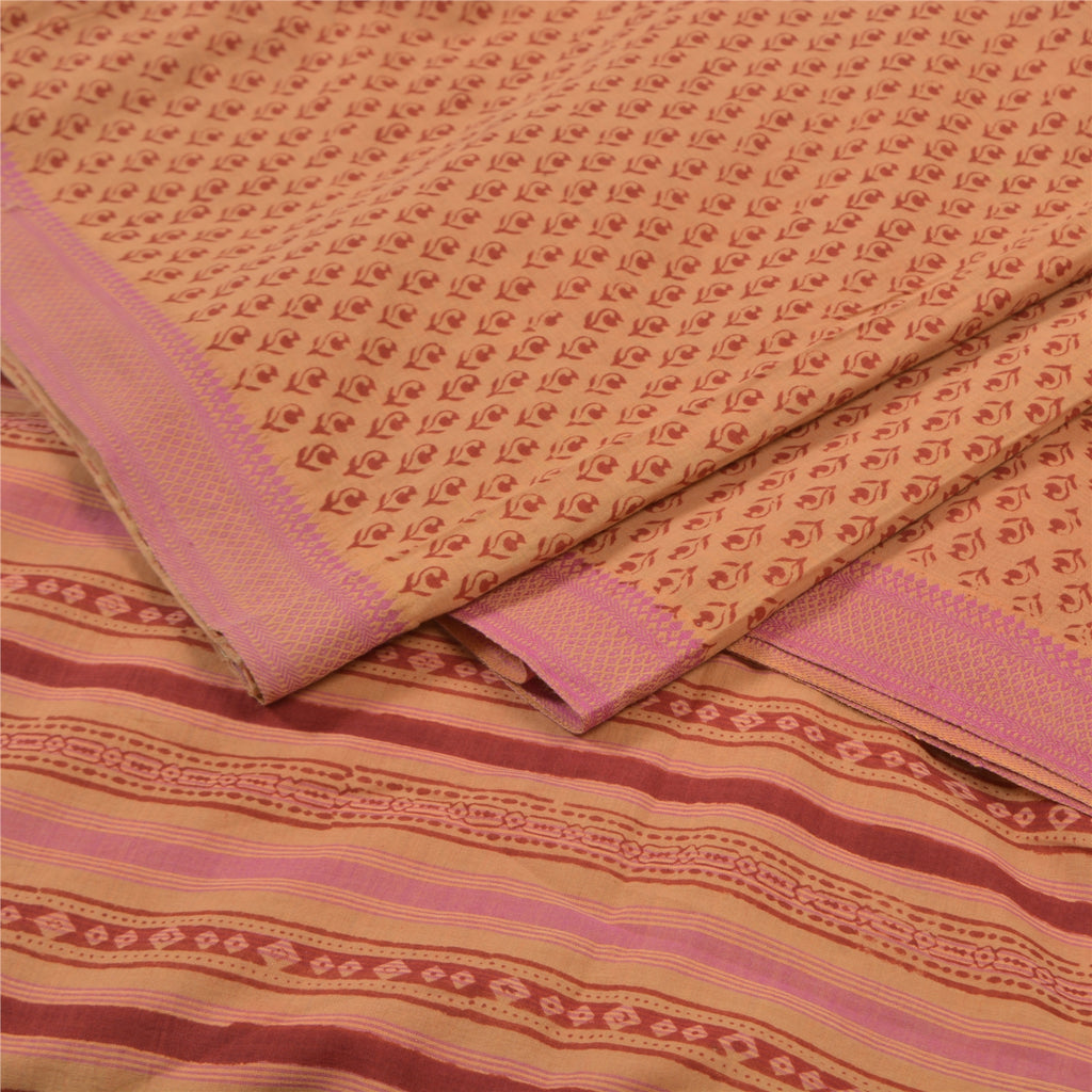 Sanskriti Vintage Brown Sarees Pure Cotton Fabric Block Print Kalamkari Sari