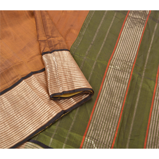 Sanskriti Vintage Heavy Brown Sarees Pure Mysore Silk Hand Woven Sari Fabric