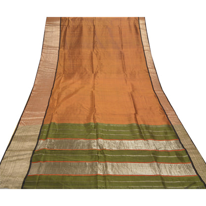 Sanskriti Vintage Heavy Brown Sarees Pure Mysore Silk Hand Woven Sari Fabric