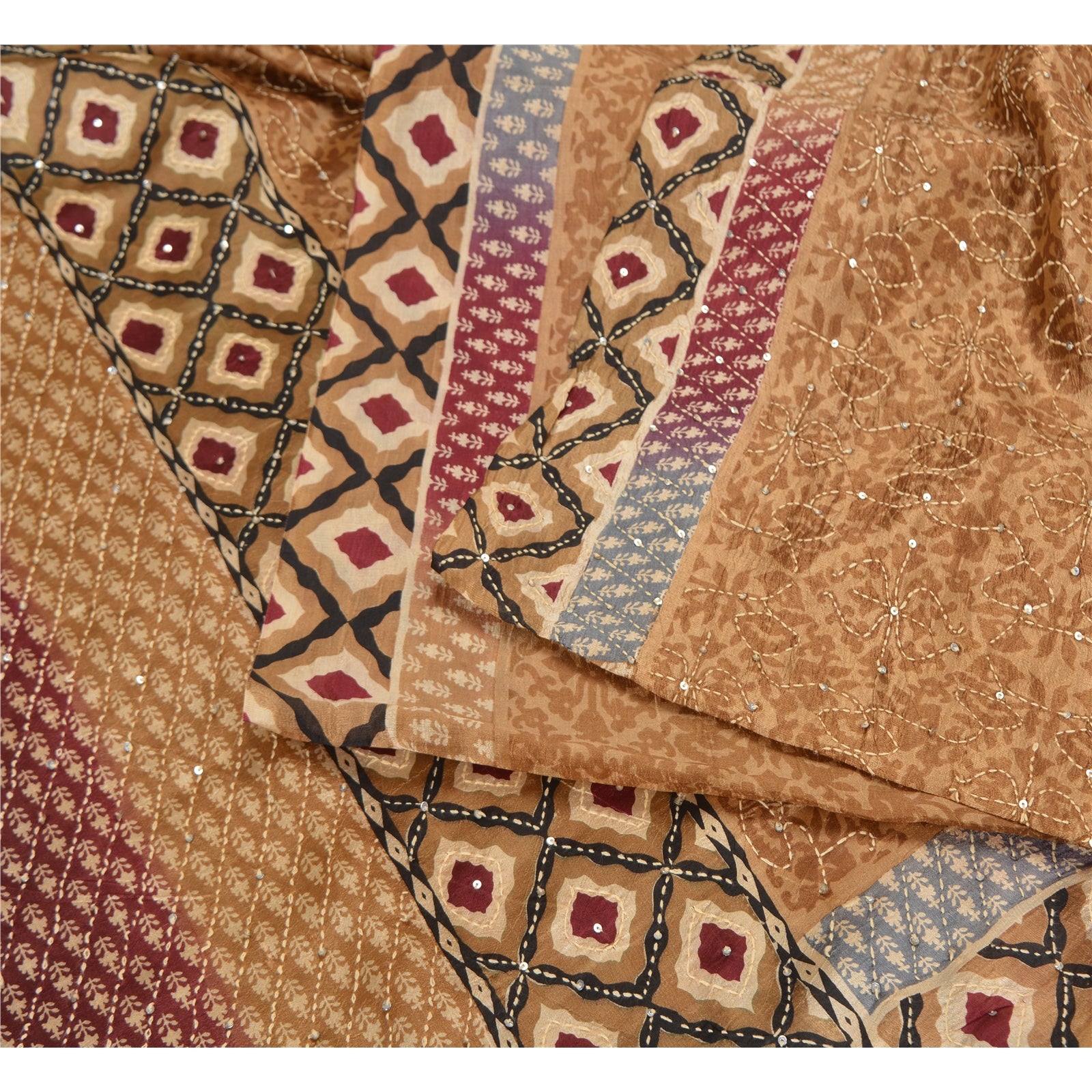 Sanskriti Vintage Saree 100% Pure Silk Brown & Red Saree Hand Beaded Kantha Saree 5.5+ YARD Fabric Crafts Sewing Decor, Bag Making, Quilt