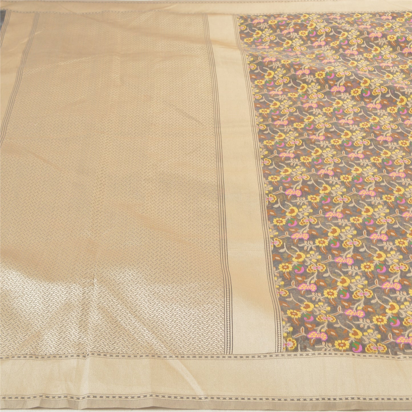 Sanskriti Vintage Grey Indian Sarees Art Silk Hand Woven Indian Sari Fabric