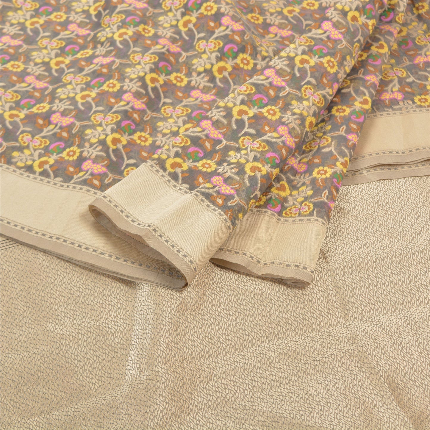 Sanskriti Vintage Grey Indian Sarees Art Silk Hand Woven Indian Sari Fabric