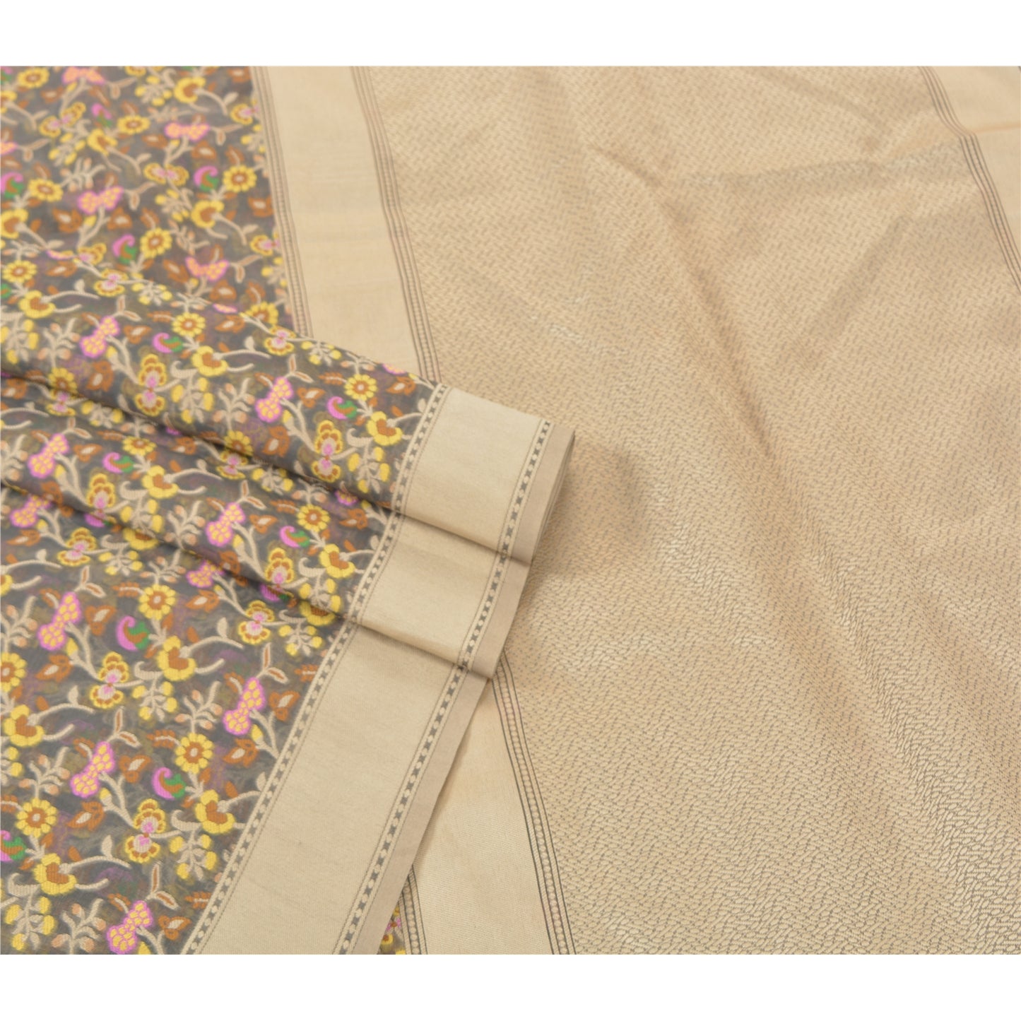 Sanskriti Vintage Grey Indian Sarees Art Silk Hand Woven Indian Sari Fabric