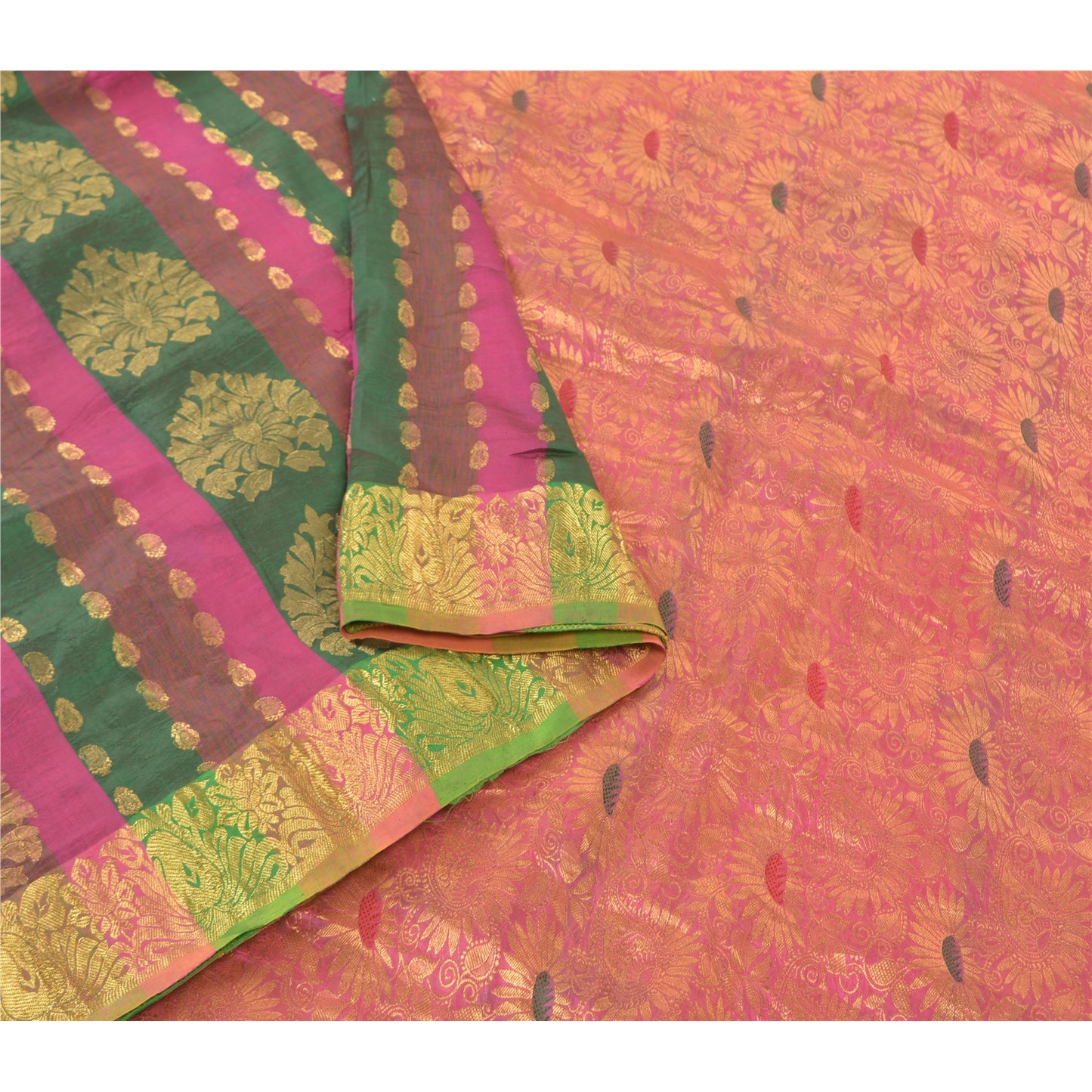 Sanskriti Vintage Pink 100% Pure South Silk Sarees Hand-Woven Sari Zari Fabric