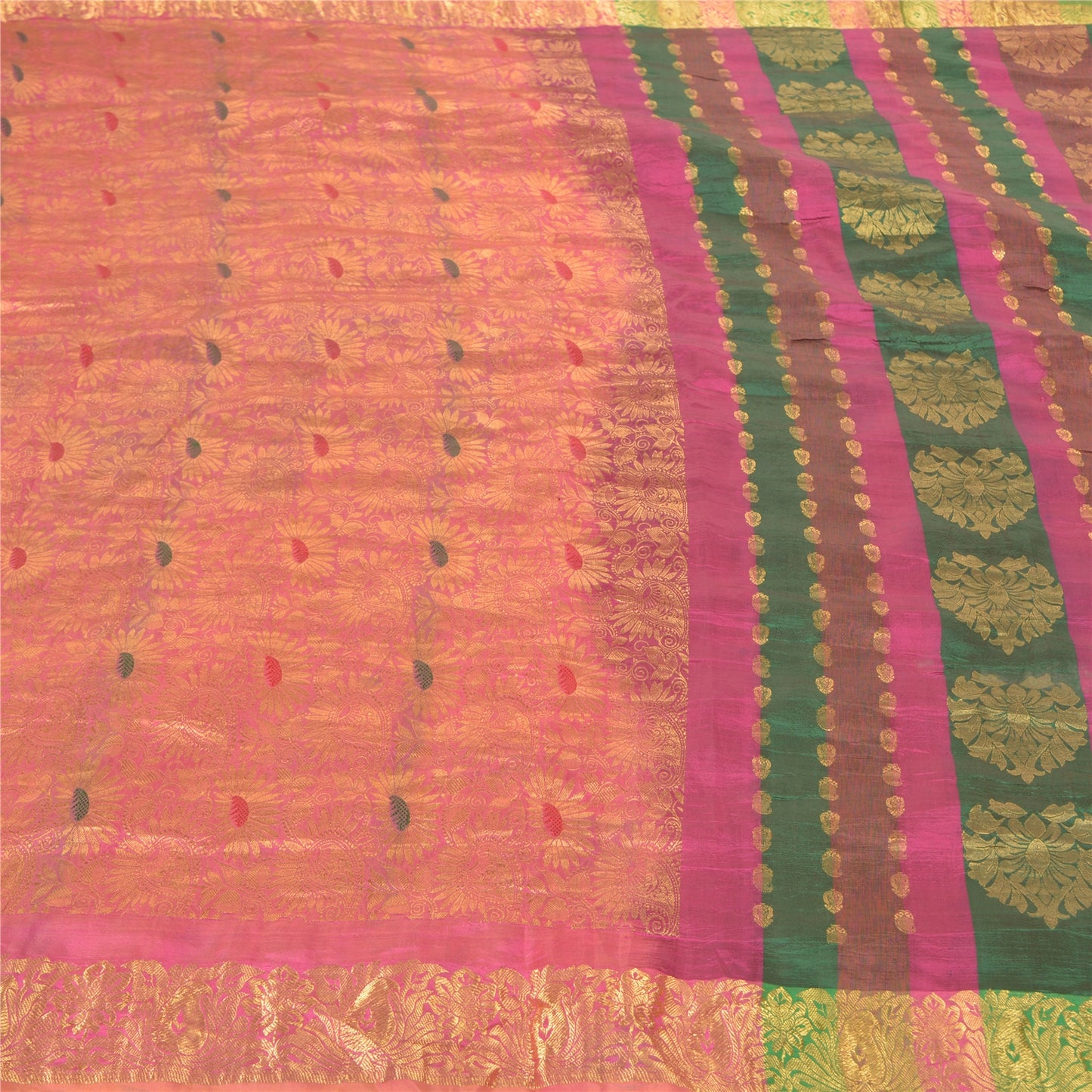 Sanskriti Vintage Pink 100% Pure South Silk Sarees Hand-Woven Sari Zari Fabric