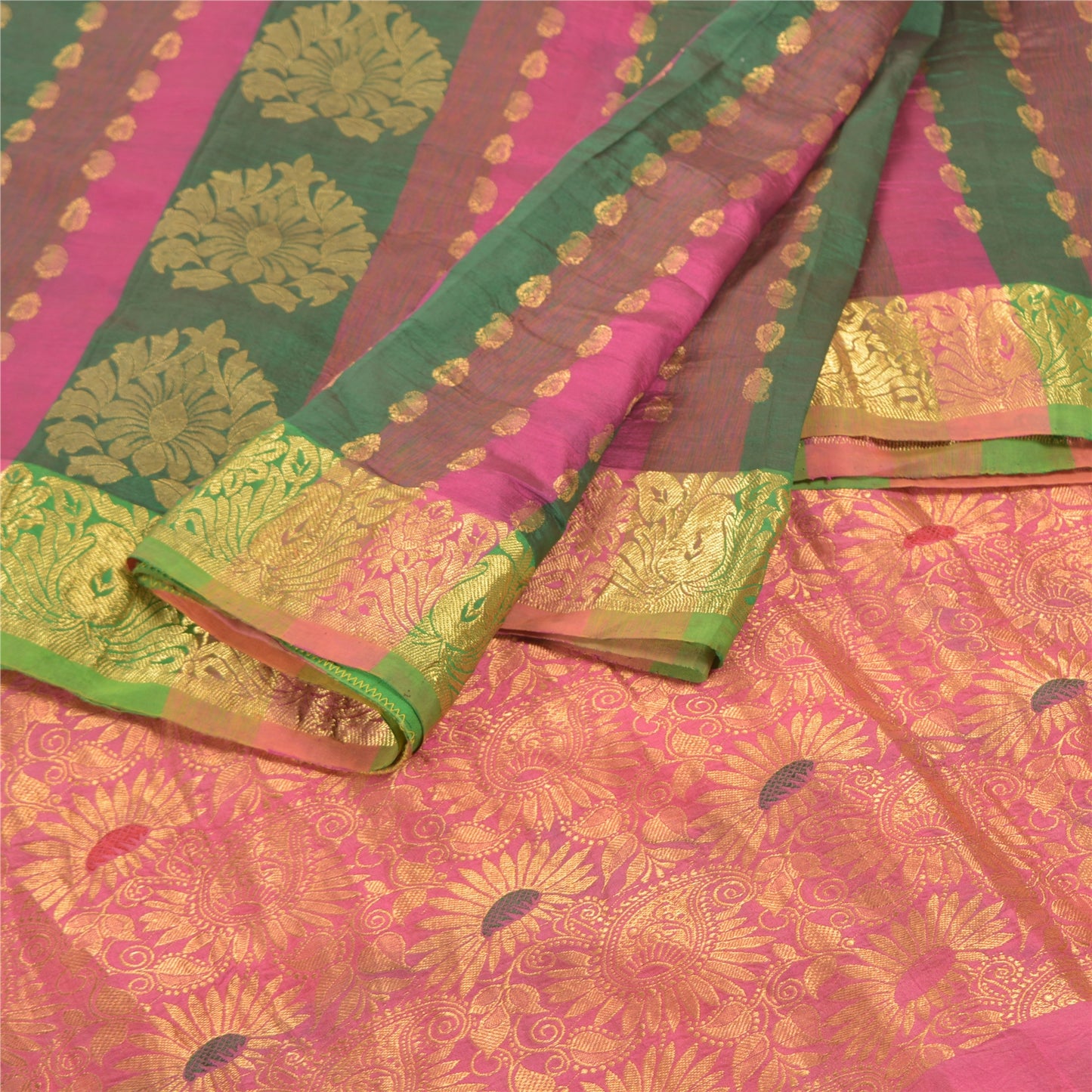 Sanskriti Vintage Pink 100% Pure South Silk Sarees Hand-Woven Sari Zari Fabric