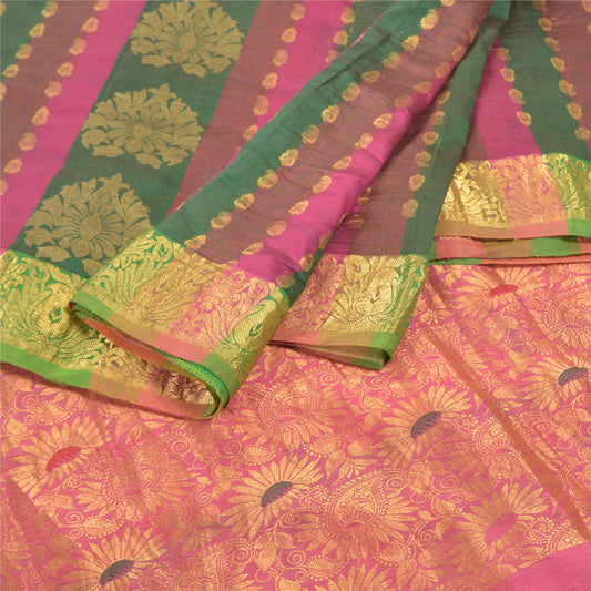 Sanskriti Vintage Pink & Green 100% Pure South Silk Sarees Hand-Woven Sari Zari 5.5 YARD Fabric