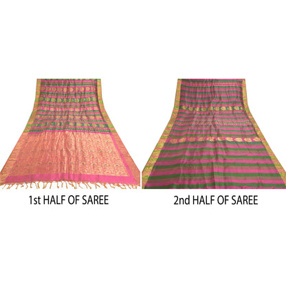 Sanskriti Vintage Pink 100% Pure South Silk Sarees Hand-Woven Sari Zari Fabric