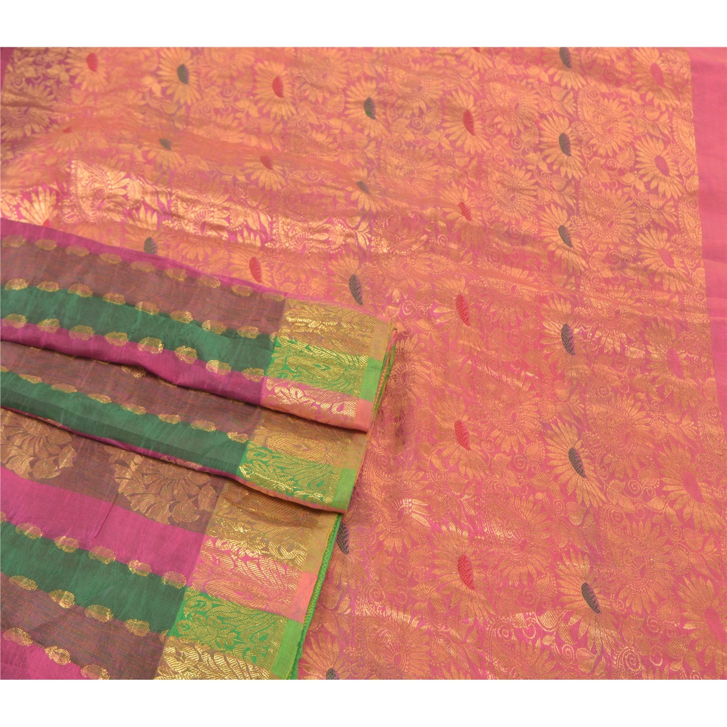 Sanskriti Vintage Pink 100% Pure South Silk Sarees Hand-Woven Sari Zari Fabric