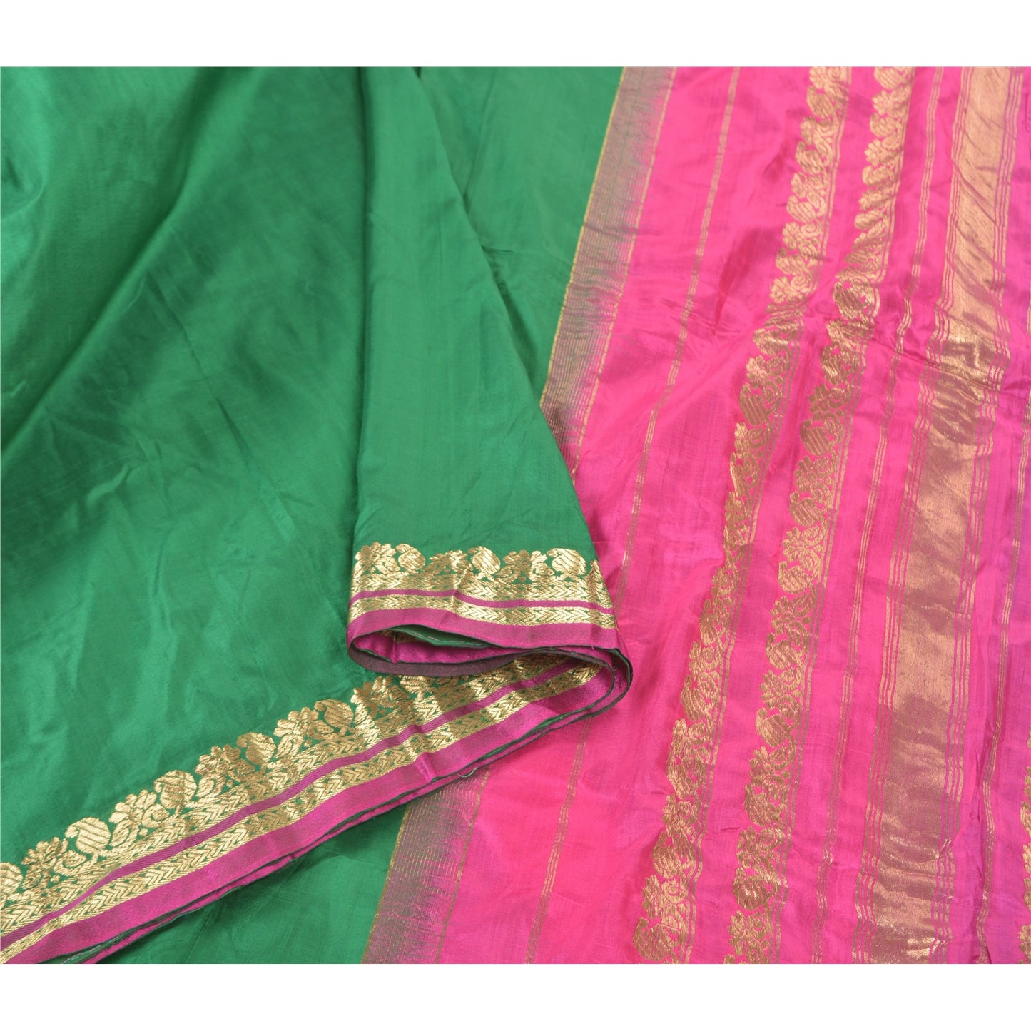 Sanskriti Vintage Green/Pink Sarees Pure South Silk Brocade/Banarasi Sari Fabric