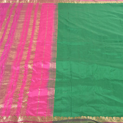 Sanskriti Vintage Green/Pink Sarees Pure South Silk Brocade/Banarasi Sari Fabric