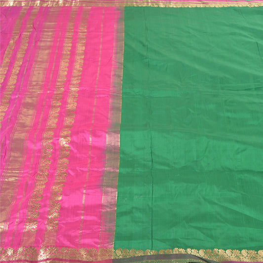 Sanskriti Vintage Green/Pink Sarees Pure South Silk Brocade/Banarasi Sari Fabric