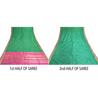 Sanskriti Vintage Green/Pink Sarees Pure South Silk Brocade/Banarasi Sari Fabric