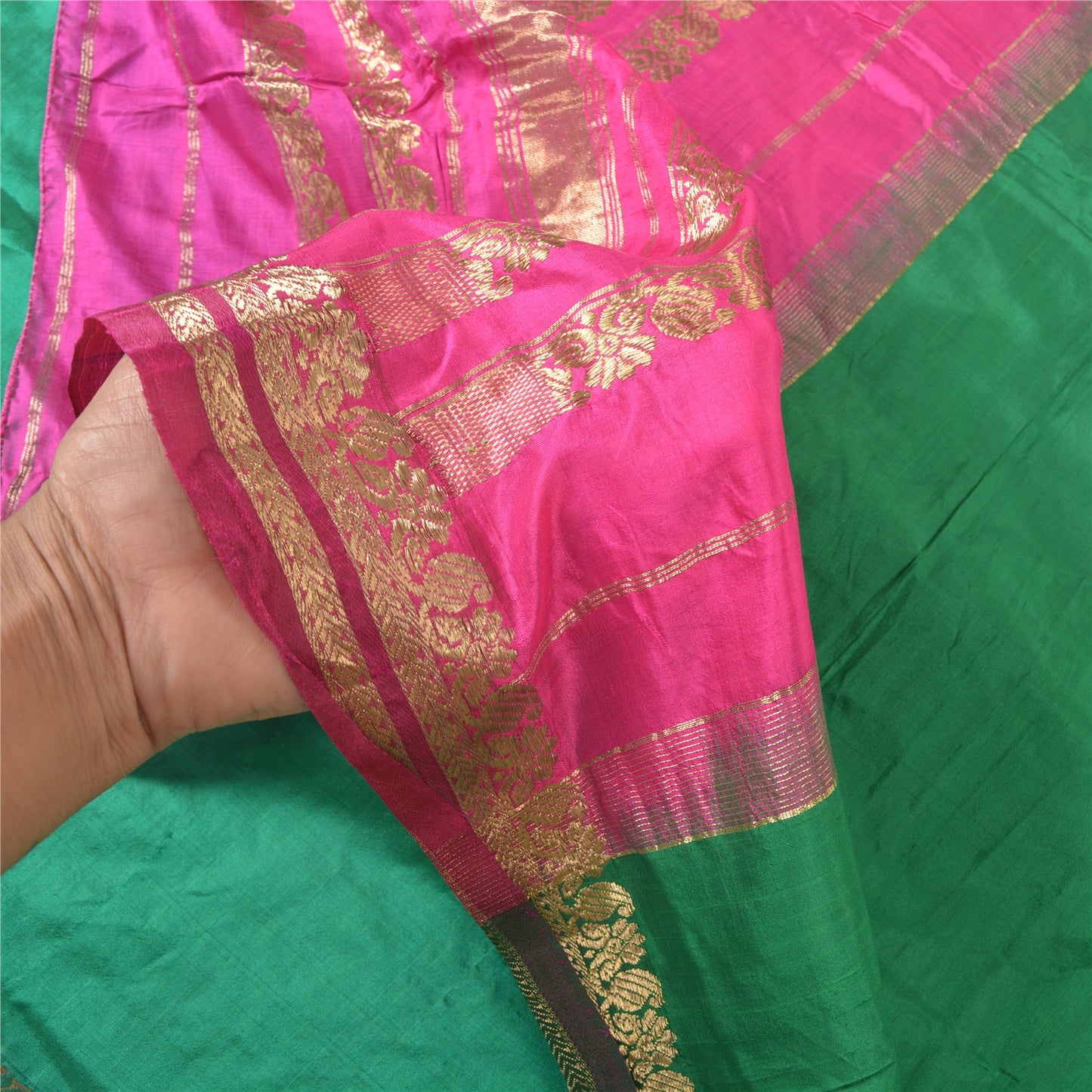 Sanskriti Vintage Green/Pink Sarees Pure South Silk Brocade/Banarasi Sari Fabric