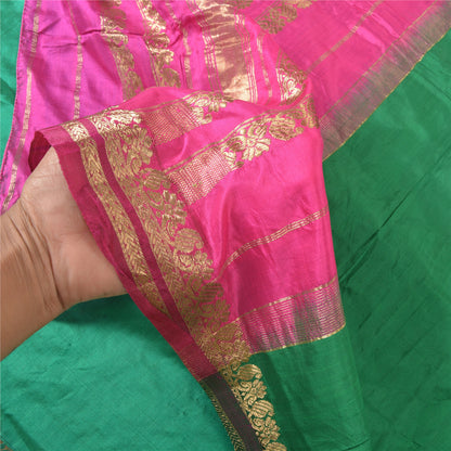 Sanskriti Vintage Green/Pink Sarees Pure South Silk Brocade/Banarasi Sari Fabric