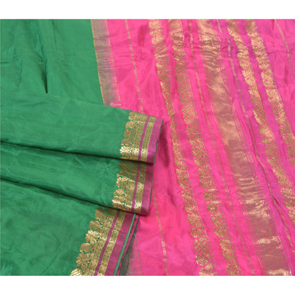 Sanskriti Vintage Green/Pink Sarees Pure South Silk Brocade/Banarasi Sari Fabric