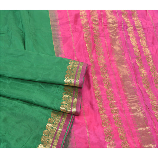 Sanskriti Vintage Green/Pink Sarees Pure South Silk Brocade/Banarasi Sari Fabric