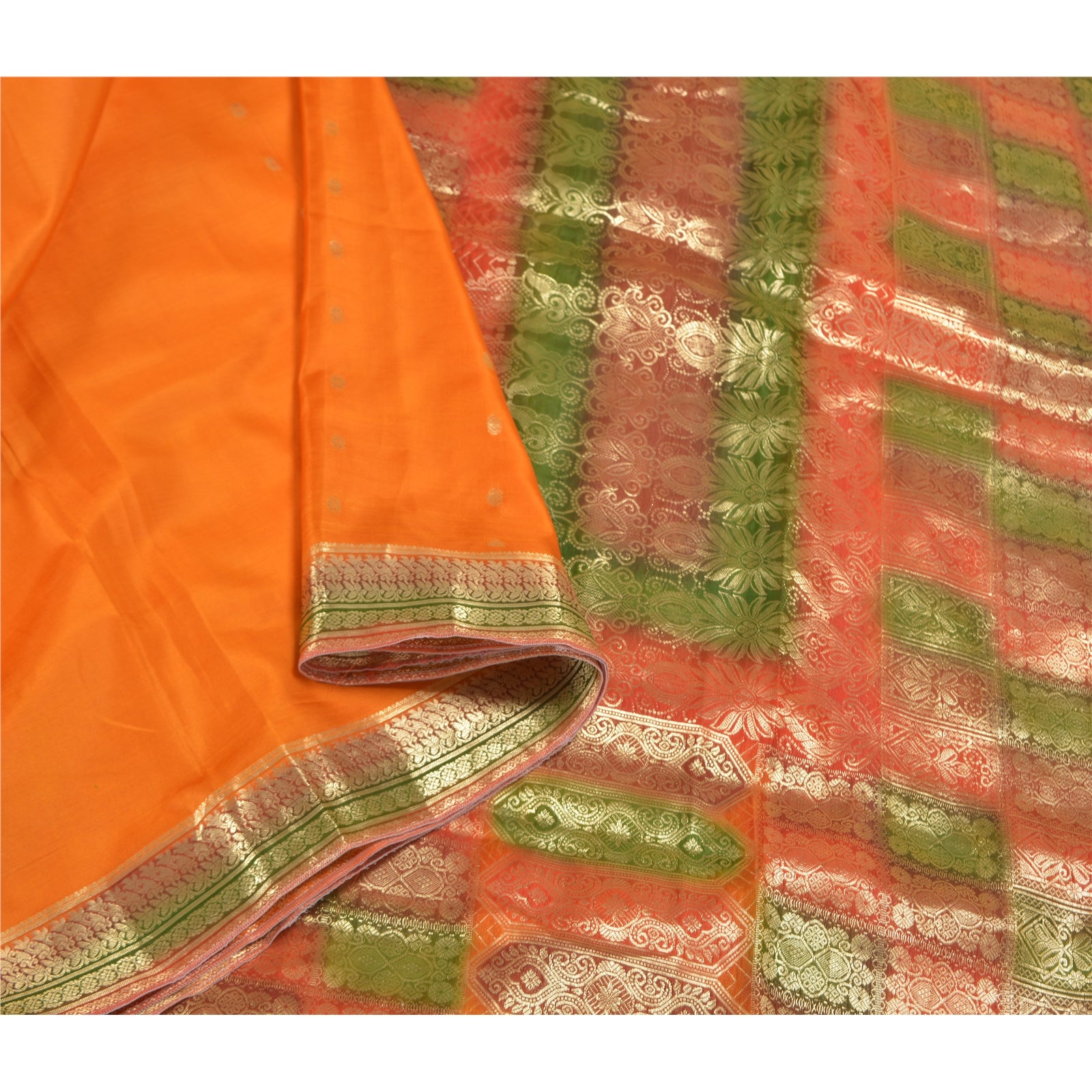 Sanskriti Vintage Saffron Silk Saree Fabric: Vintage Zari Brocade, Banarasi Indian Textile Zari Hand Woven India Wedding 5.39 Yards Craft Fabric