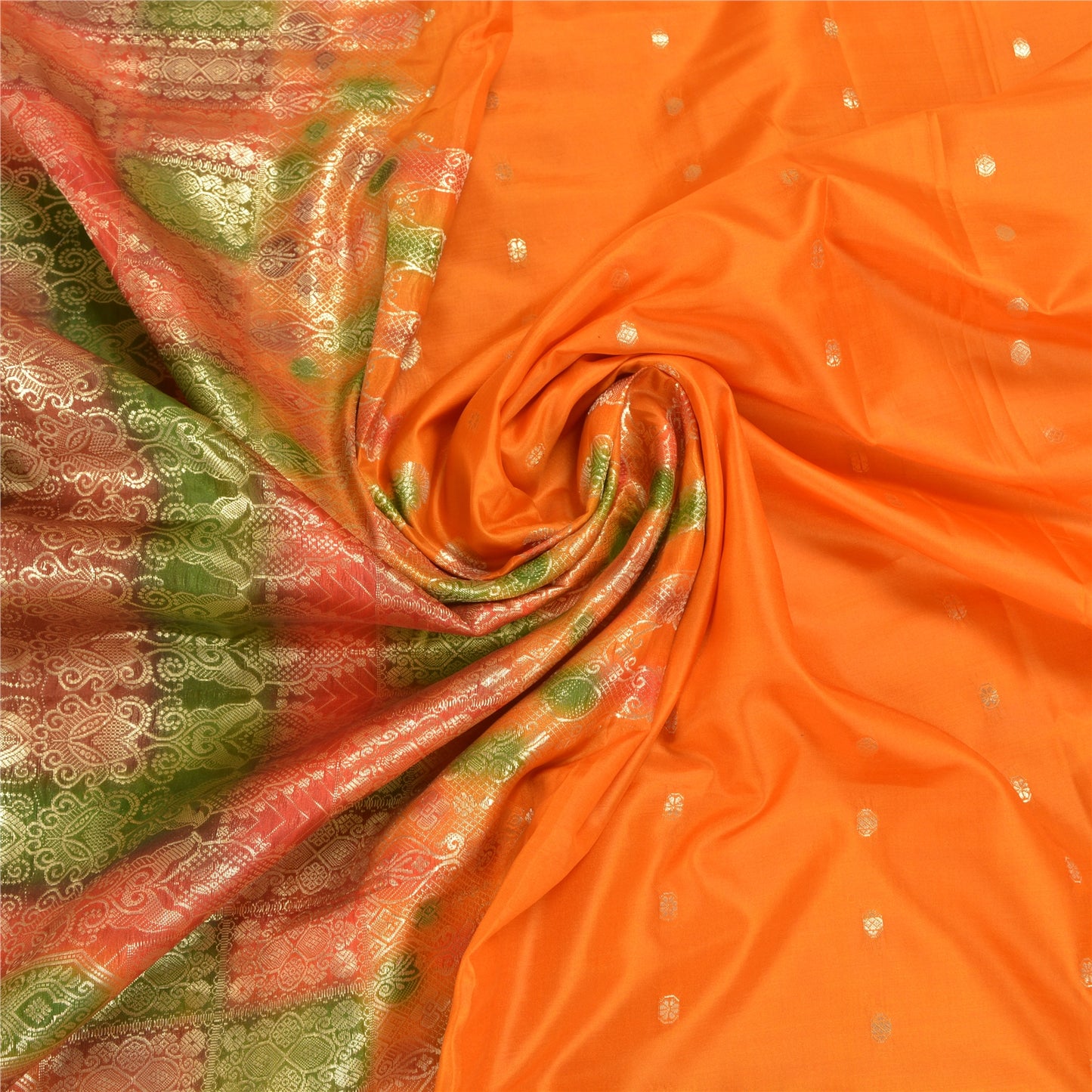 Sanskriti Vintage Saffron Indian Sarees 100% Pure Silk Woven Brocade Sari Sustainable Fabric