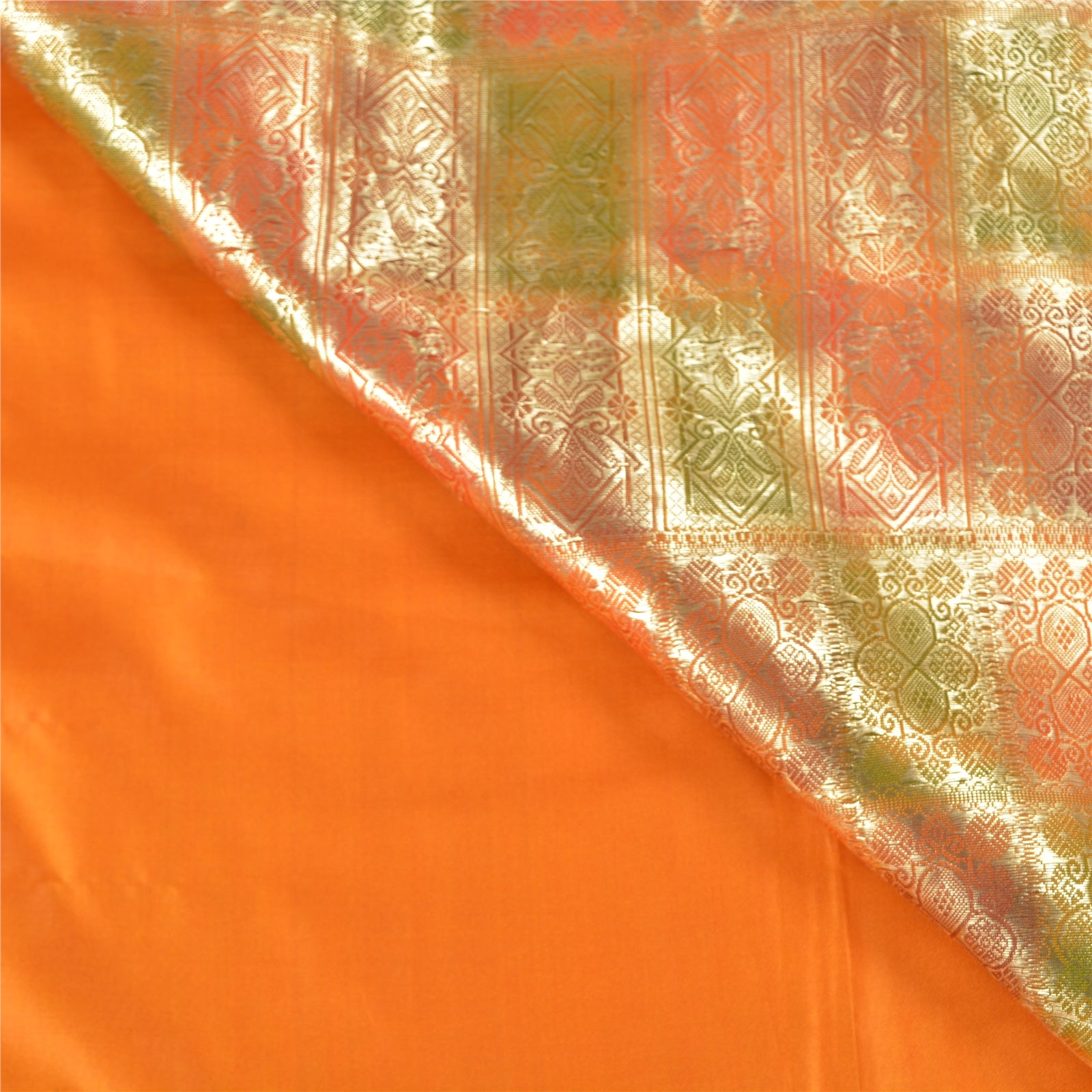 Sanskriti Vintage Saffron Silk Saree Fabric: Vintage Zari Brocade, Banarasi Indian Textile Zari Hand Woven India Wedding 5.39 Yards Craft Fabric