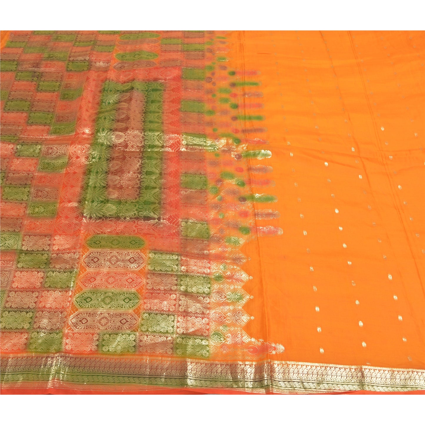 Sanskriti Vintage Saffron Indian Sarees 100% Pure Silk Woven Brocade Sari Sustainable Fabric