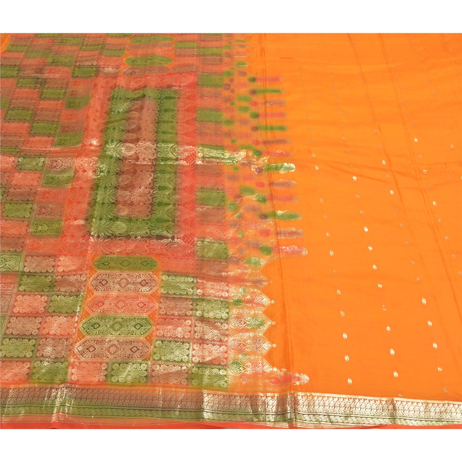 Sanskriti Vintage Saffron Silk Saree Fabric: Vintage Zari Brocade, Banarasi Indian Textile Zari Hand Woven India Wedding 5.39 Yards Craft Fabric
