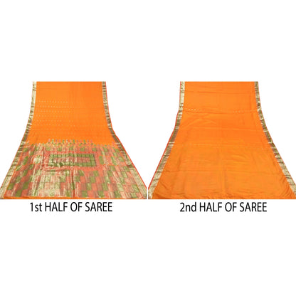 Sanskriti Vintage Saffron Indian Sarees 100% Pure Silk Woven Brocade Sari Sustainable Fabric