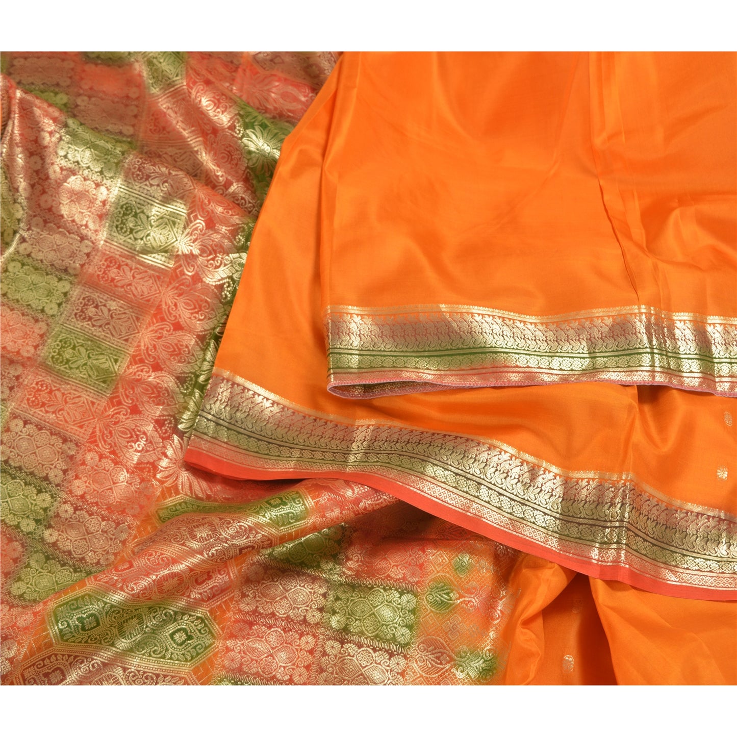 Sanskriti Vintage Saffron Indian Sarees 100% Pure Silk Woven Brocade Sari Sustainable Fabric