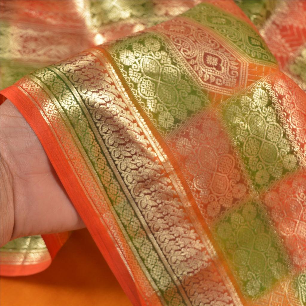 Sanskriti Vintage Saffron Silk Saree Fabric: Vintage Zari Brocade, Banarasi Indian Textile Zari Hand Woven India Wedding 5.39 Yards Craft Fabric