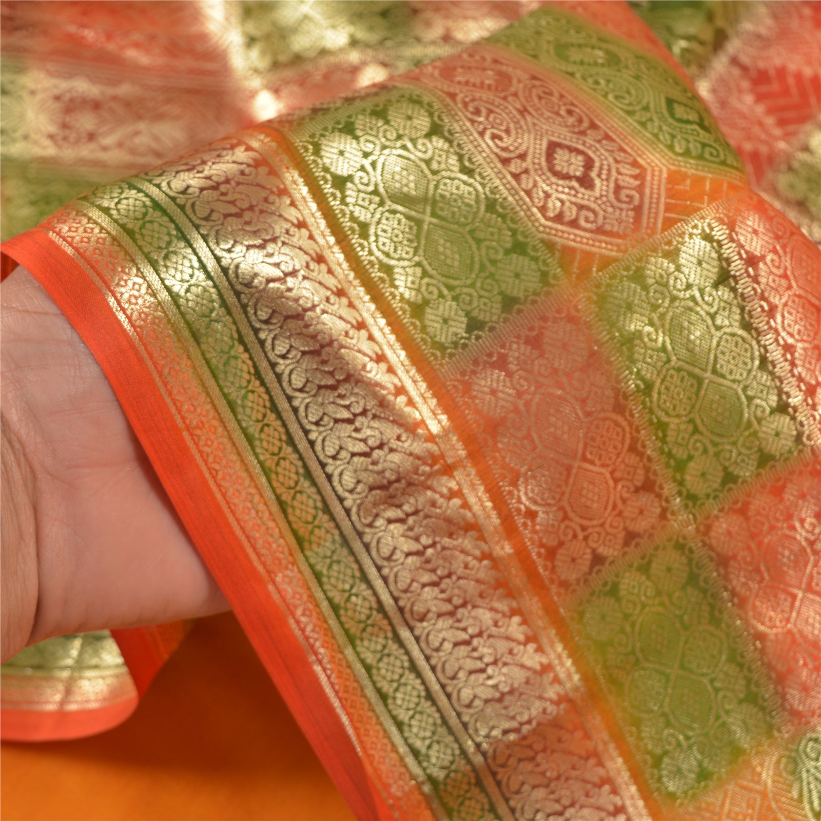 Sanskriti Vintage Saffron Silk Saree Fabric: Vintage Zari Brocade, Banarasi Indian Textile Zari Hand Woven India Wedding 5.39 Yards Craft Fabric