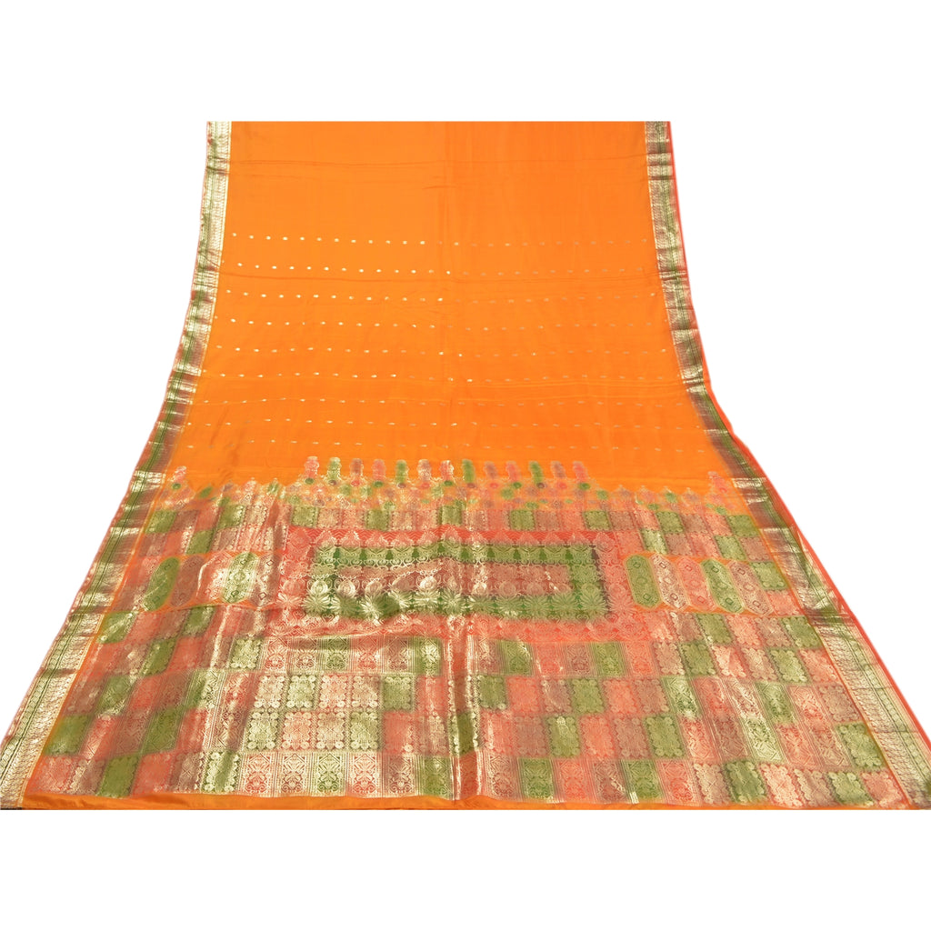 Sanskriti Vintage Saffron Silk Saree Fabric: Vintage Zari Brocade, Banarasi Indian Textile Zari Hand Woven India Wedding 5.39 Yards Craft Fabric
