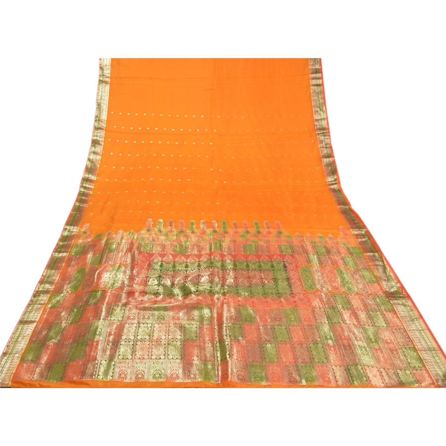 Sanskriti Vintage Saffron Indian Sarees 100% Pure Silk Woven Brocade Sari Sustainable Fabric
