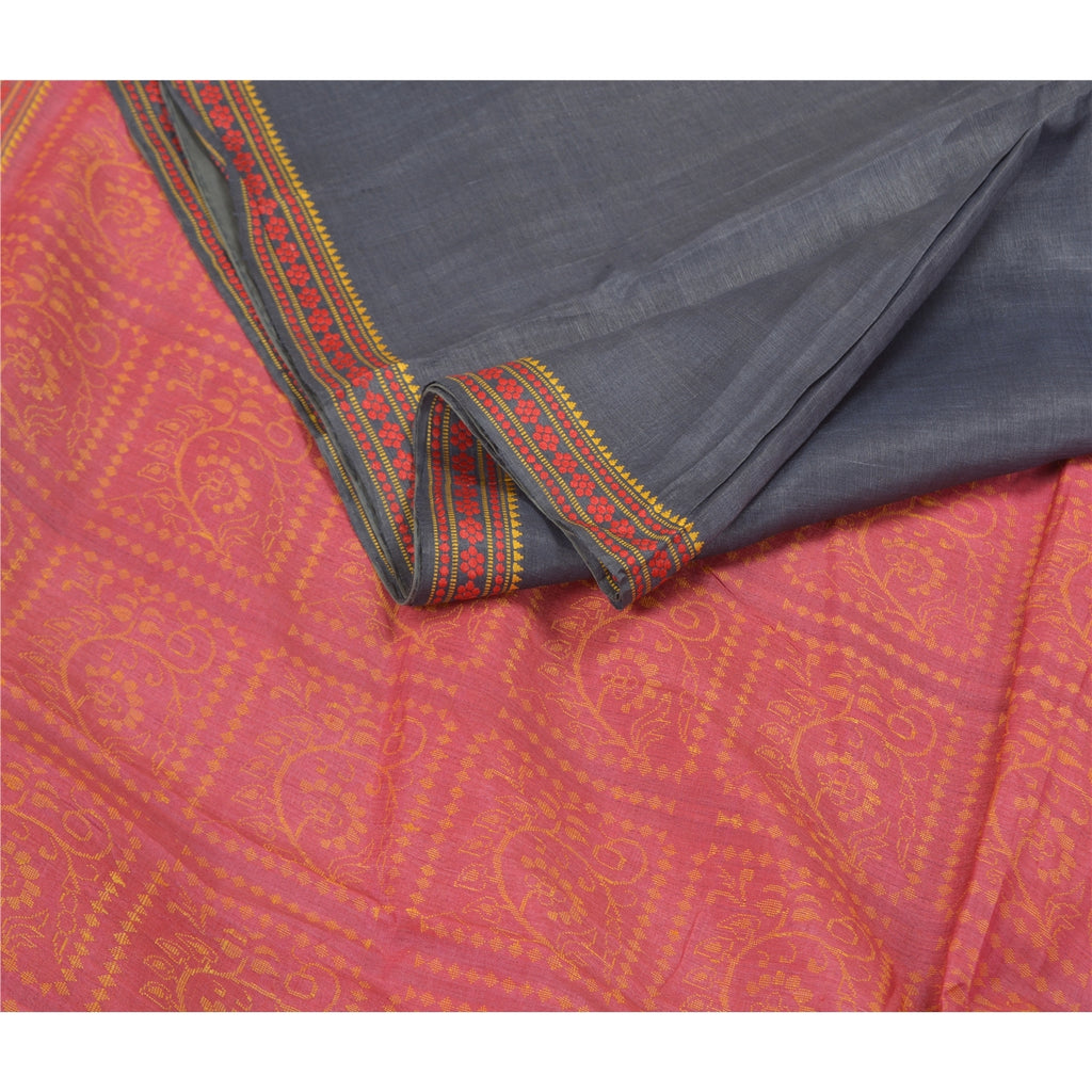Sanskriti Vintage Greyish Black Indian Sarees Pure Silk Handwoven Sari 6ydFabric
