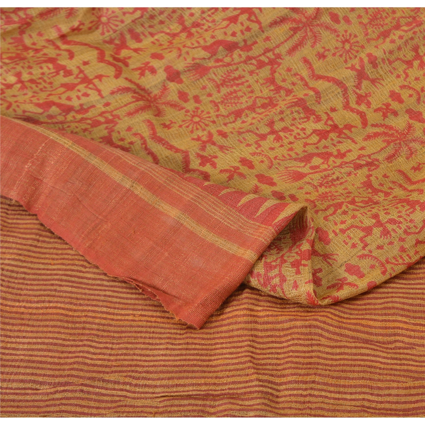 Sanskriti Vintage Beige Saree Pure Handloom Silk Printed Sari 5Yrd Craft Fabric upholstery fabric
