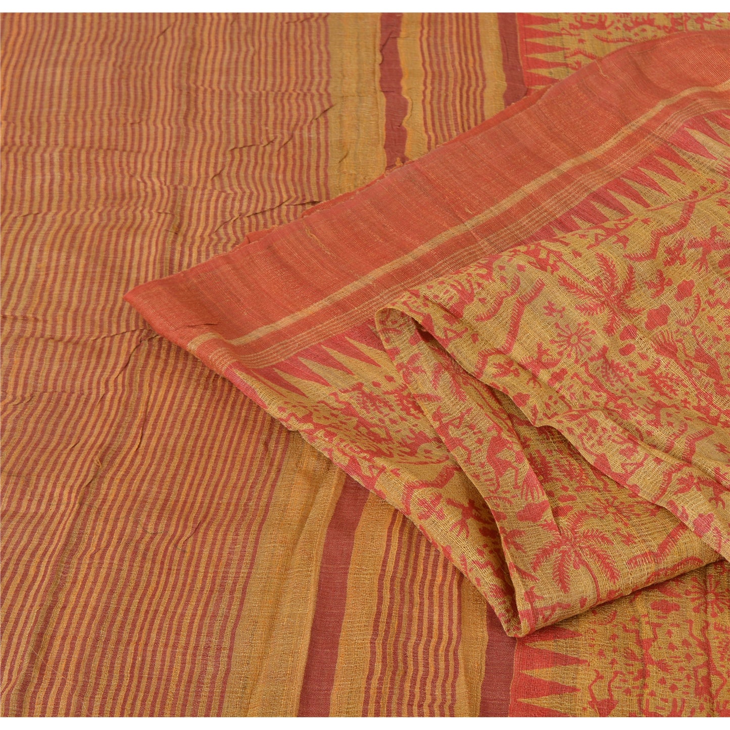 Sanskriti Vintage Beige Sarees Pure Handloom Silk Printed Sari 5yrd Craft Fabric