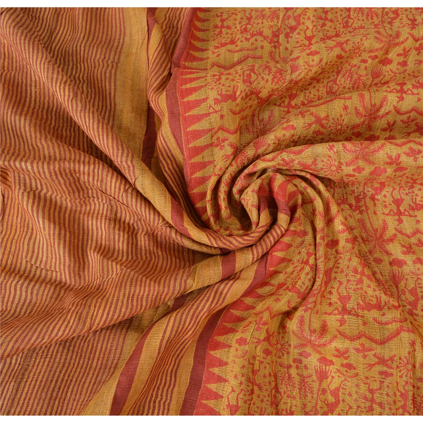 Sanskriti Vintage Beige Saree Pure Handloom Silk Printed Sari 5Yrd Craft Fabric upholstery fabric
