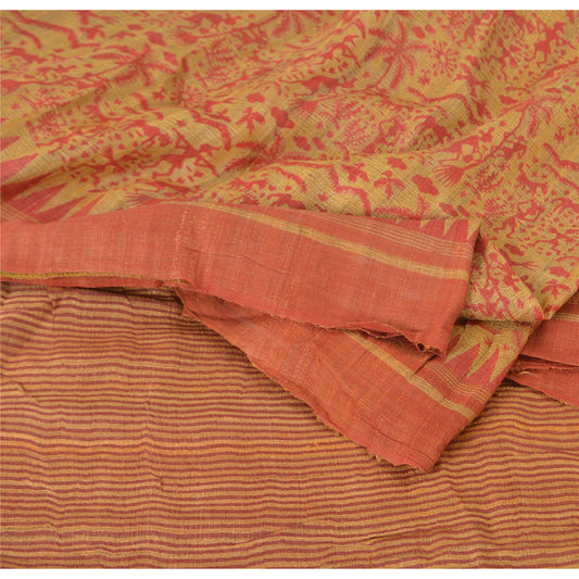 Sanskriti Vintage Beige Saree Pure Handloom Silk Printed Sari 5Yrd Craft Fabric upholstery fabric
