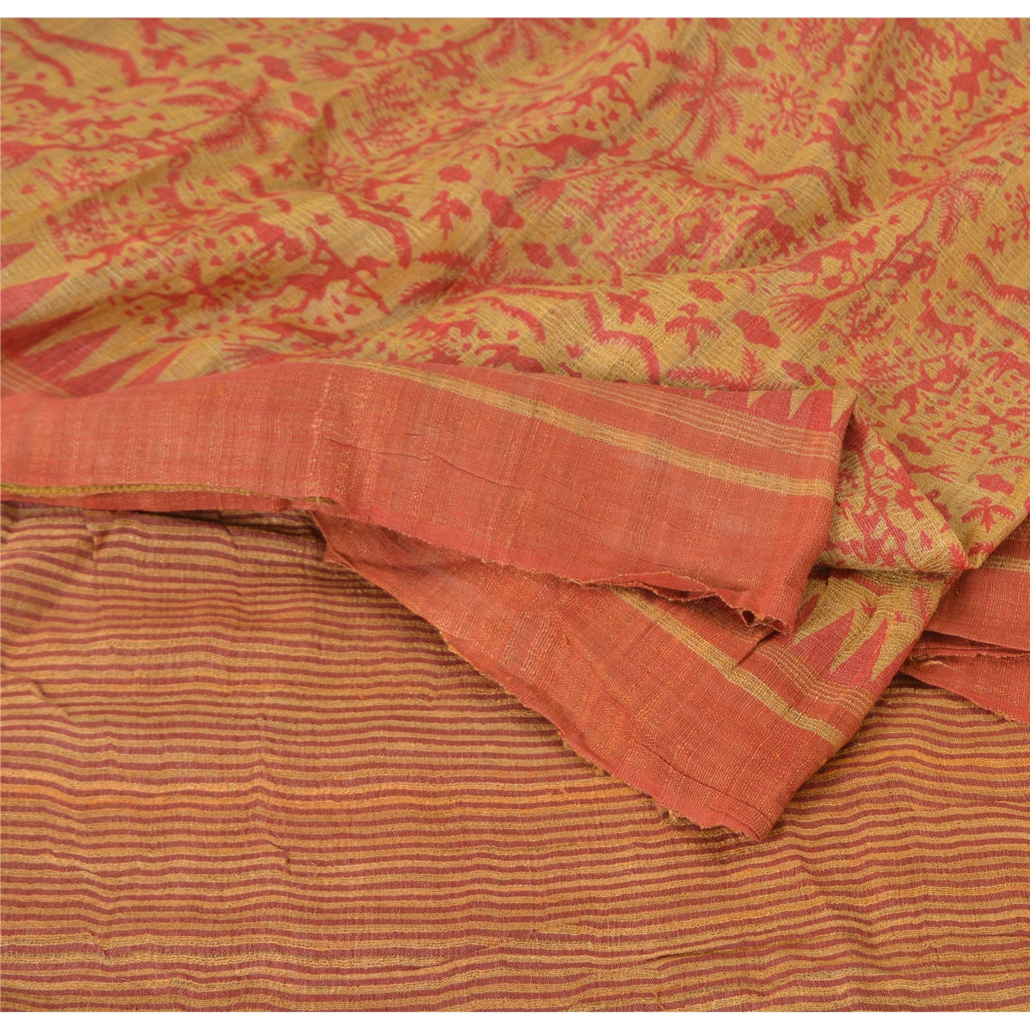Sanskriti Vintage Beige Sarees Pure Handloom Silk Printed Sari 5yrd Craft Fabric