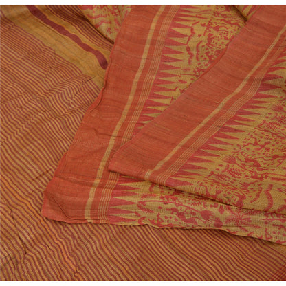 Sanskriti Vintage Beige Saree Pure Handloom Silk Printed Sari 5Yrd Craft Fabric upholstery fabric
