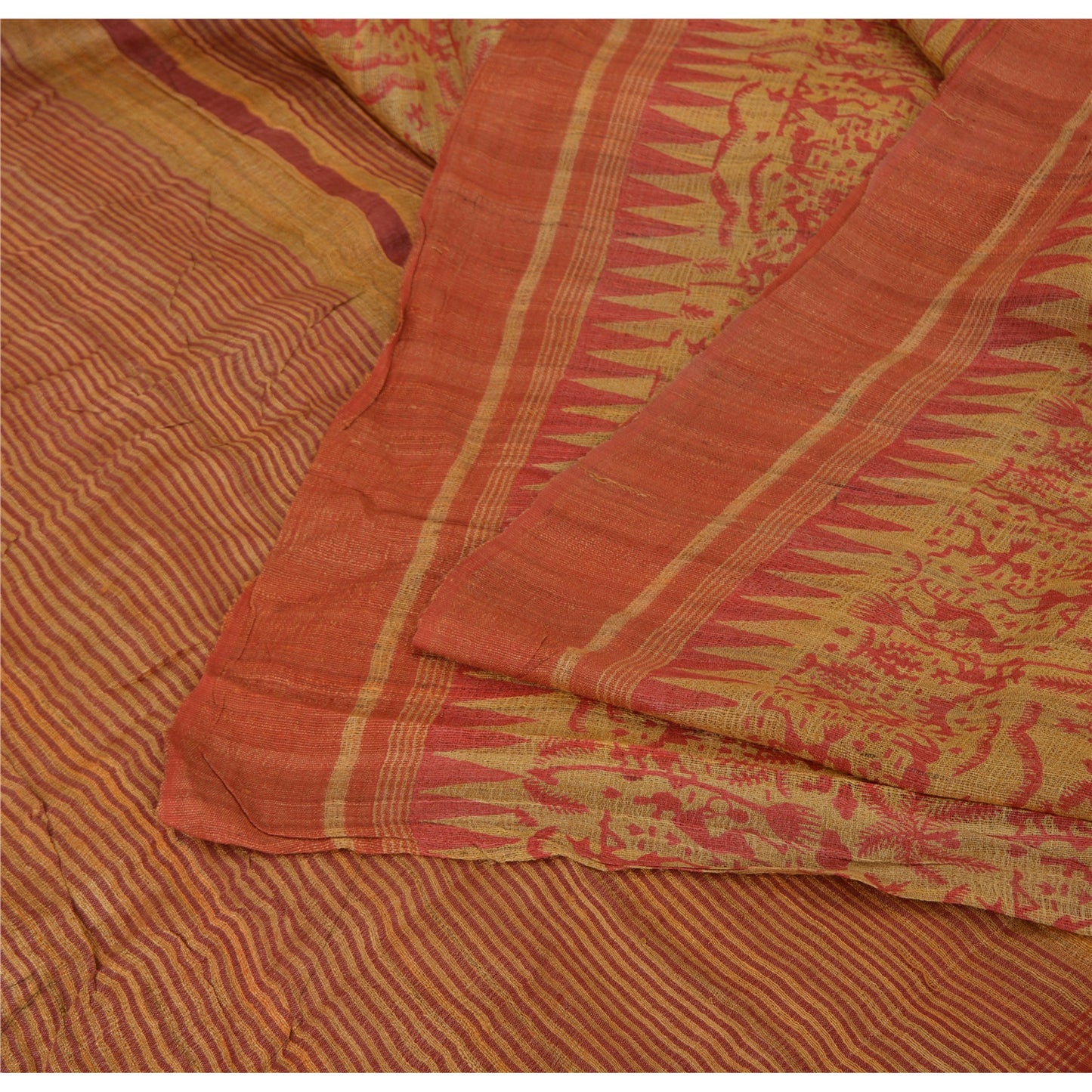 Sanskriti Vintage Beige Sarees Pure Handloom Silk Printed Sari 5yrd Craft Fabric