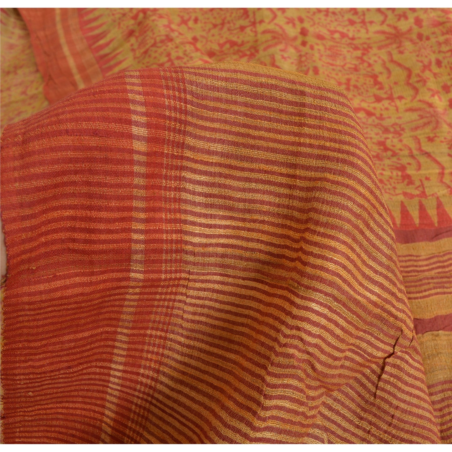 Sanskriti Vintage Beige Saree Pure Handloom Silk Printed Sari 5Yrd Craft Fabric upholstery fabric