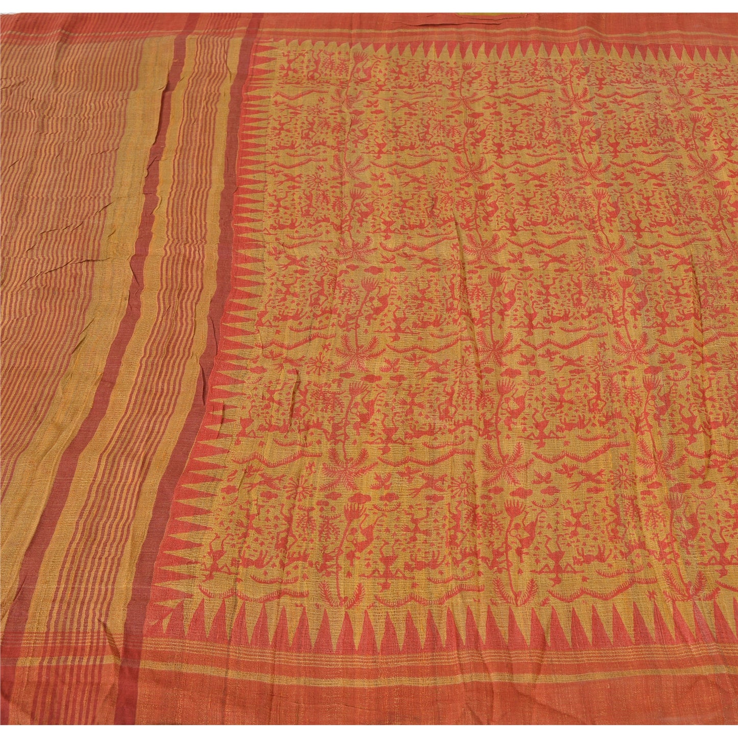 Sanskriti Vintage Beige Saree Pure Handloom Silk Printed Sari 5Yrd Craft Fabric upholstery fabric