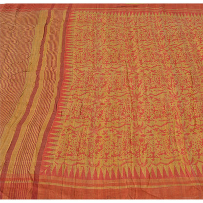 Sanskriti Vintage Beige Saree Pure Handloom Silk Printed Sari 5Yrd Craft Fabric upholstery fabric