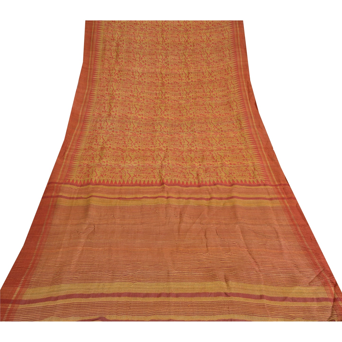 Sanskriti Vintage Beige Saree Pure Handloom Silk Printed Sari 5Yrd Craft Fabric upholstery fabric