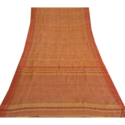 Sanskriti Vintage Beige Saree Pure Handloom Silk Printed Sari 5Yrd Craft Fabric upholstery fabric