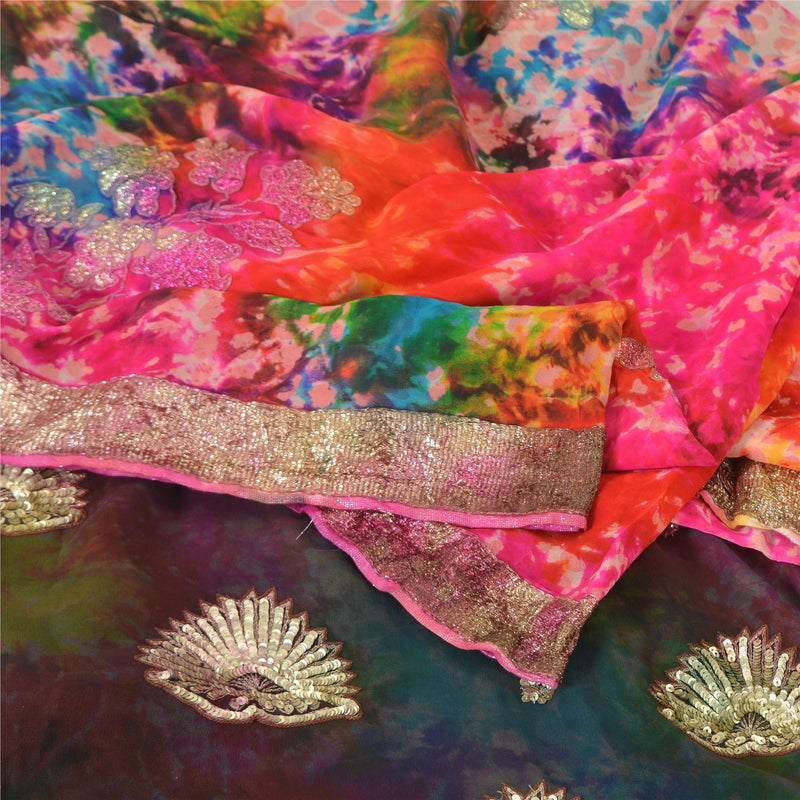Sanskriti Vintage Saree 100% Pure Georgette Silk Bollywood Sarees Hand Beaded Sequins Tie-Dye 6yd Multicolor Craft Fabric Home Decor, Outfit, Scrap