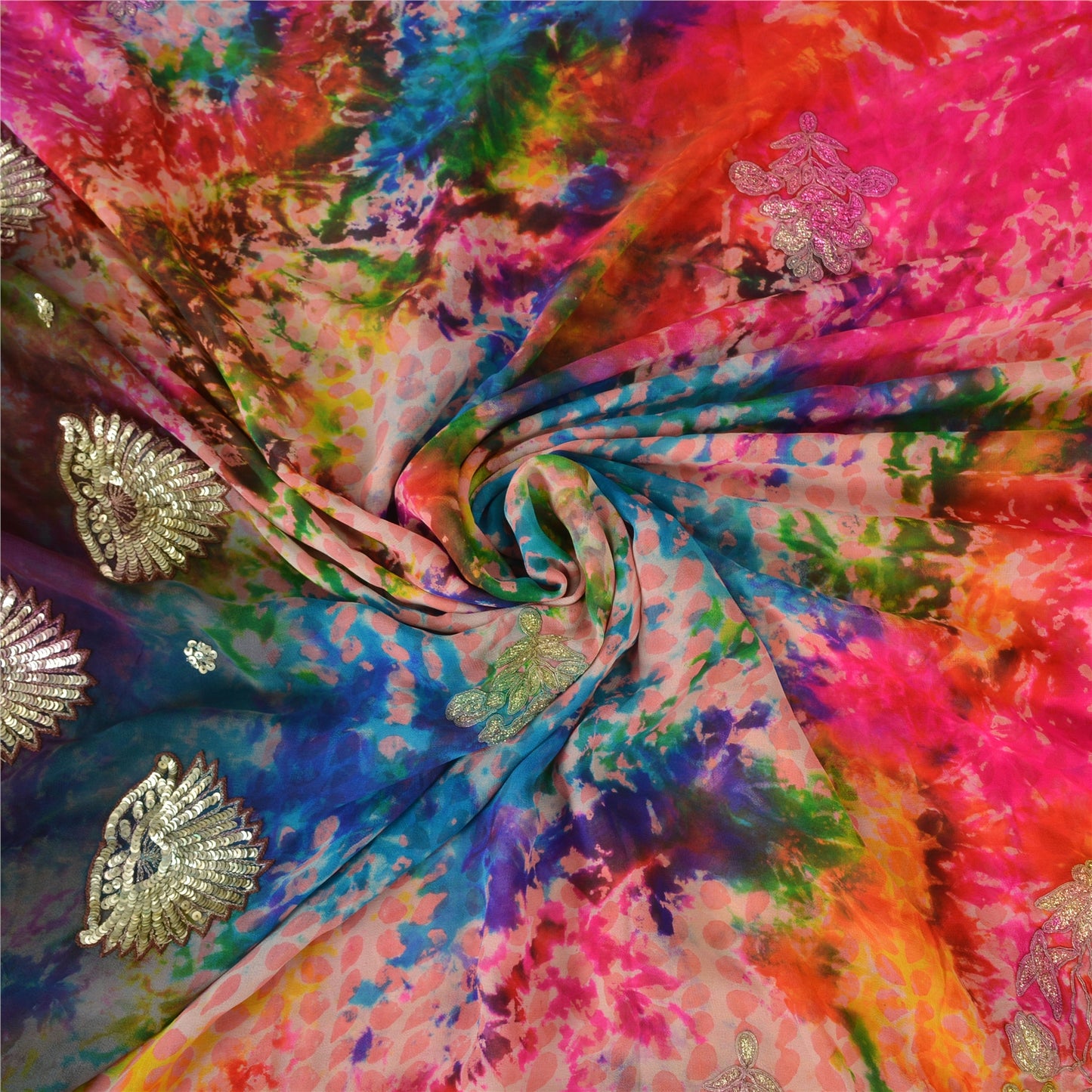 Sanskriti Vintage Bollywood Sarees Pure Georgette Beaded Tie-Dye Sari 5+ydFabric